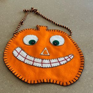 Vintage Lined Hand Stitched Felt Pumpkin Halloween Purse/Candy Bag